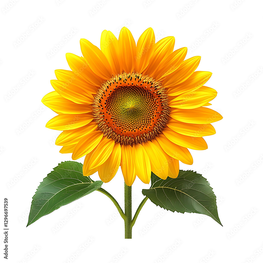 Naklejka premium Yellow sunflower with leaves, on a transparent background. PNG