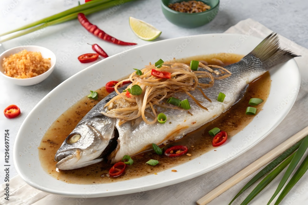 A close-up, appetizing image of a whole steamed fish on a white oval plate, garnished with fried shallots, spring onions, and red chili peppers, with a light gray background A close-up, appetizing image of a whole steamed fish on a white oval plate, garnished with fried shallots, spring onions, and red chili peppers, with a light gray background