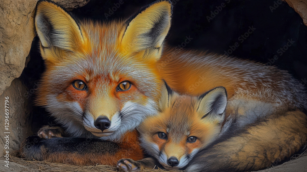 Fototapeta premium Red fox with her cub