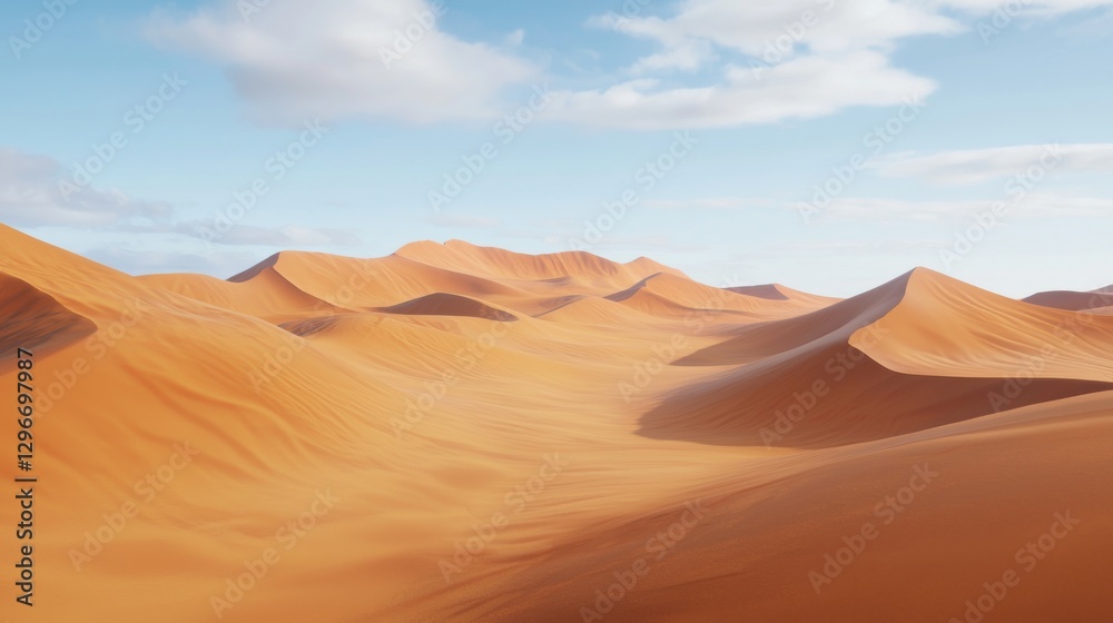 Expansive Desert Landscape with Smooth Sand Dunes Under Clear Blue Sky in Bright Daylight Expansive Desert Landscape with Smooth Sand Dunes Under Clear Blue Sky in Bright Daylight