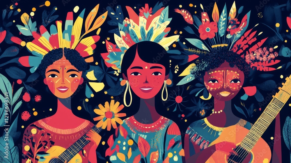 Obraz premium Colorful illustration of three women with floral headdresses playing guitar in a vibrant jungle setting