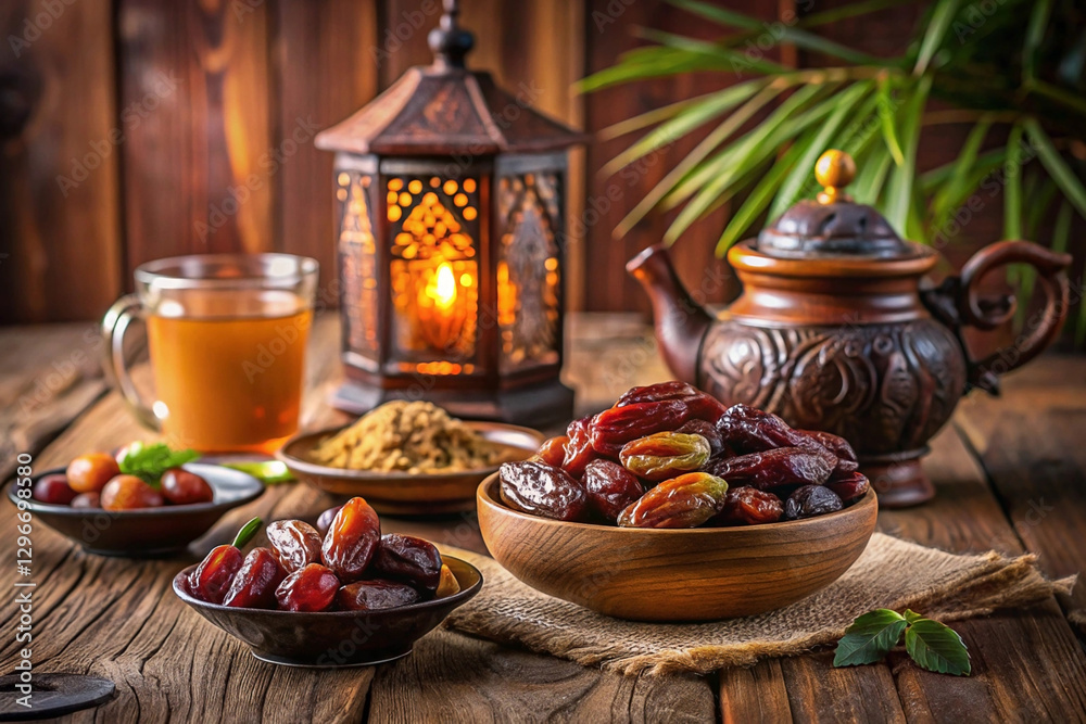 Dates, tea, lantern, and teapot on rustic wooden table. Dates, tea, lantern, and teapot on rustic wooden table.