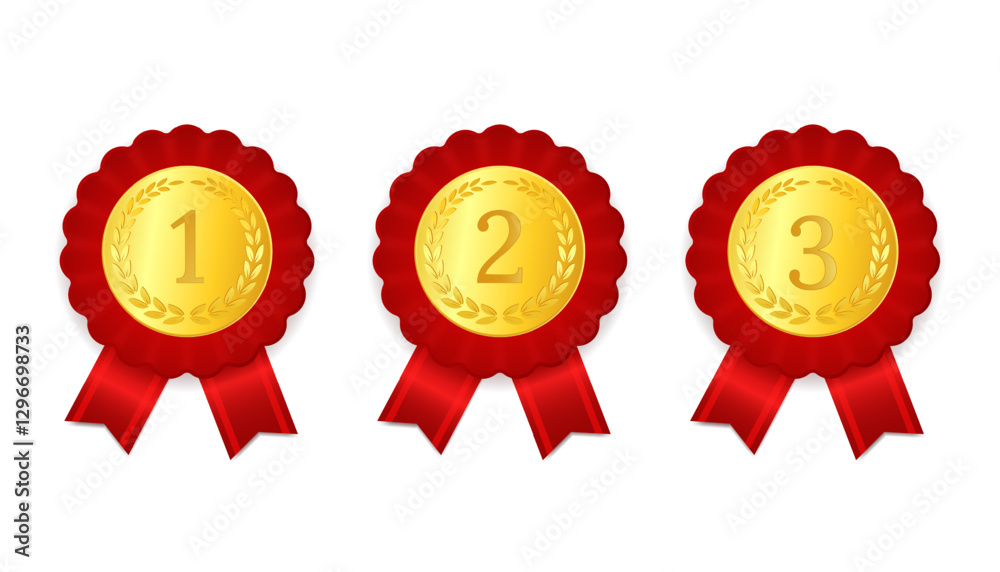 realistic set of gold medals for prize places, award medals with red ribbons realistic set of gold medals for prize places, award medals with red ribbons