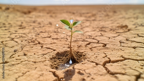 Single green plant growing in cracked desert ground with water