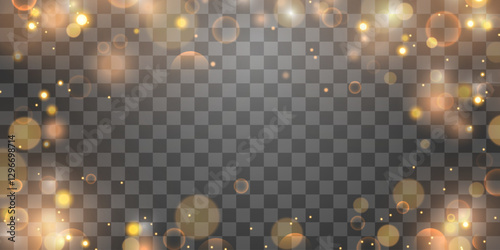 Vector glowing bokeh light effect isolated on png. Soft blured bokeh and lights. Festive golden luminous background. Vector festive glitter texture overlay isolated on transparent background