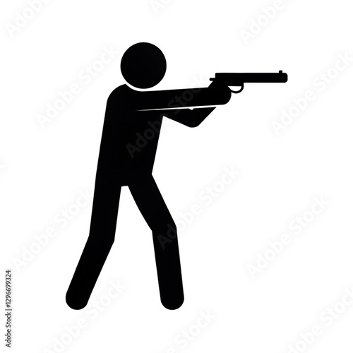 A simple black and white drawing of a stick figure aiming a gun on a transparent background