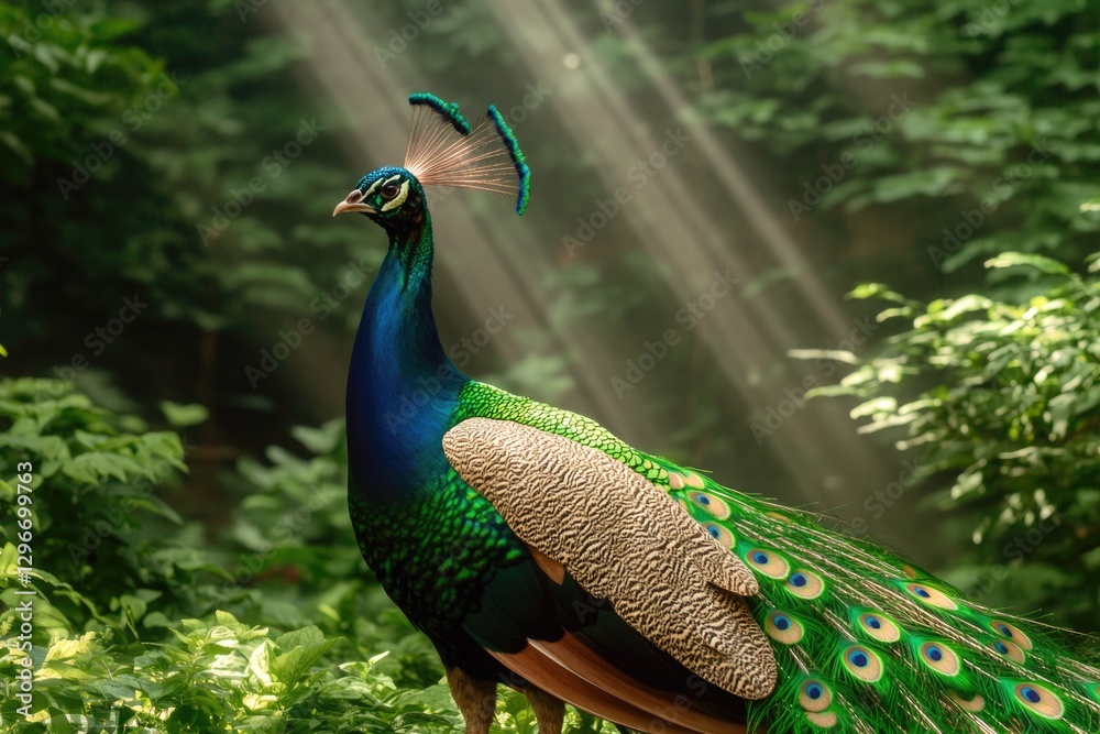 Obraz premium Vibrant peacock stands proudly amidst lush greenery, illuminated