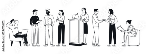 Set of various business people, men and women of different ages and body types. Home office, speaking from podium, making. Isolated on white. Doodle style