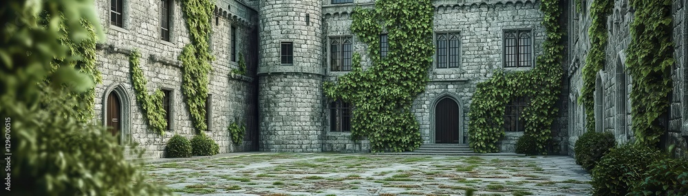 Medieval estate, towering stone walls, ivy-draped courtyard, 3D illustration Medieval estate, towering stone walls, ivy-draped courtyard, 3D illustration