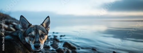 Intimate Close-Up of a Dog at the Water's Edge with a Serene Seascape