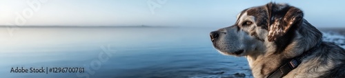 Intimate Close-Up of a Dog at the Water's Edge with a Serene Seascape