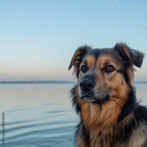 Intimate Close-Up of a Dog at the Water's Edge with a Serene Seascape