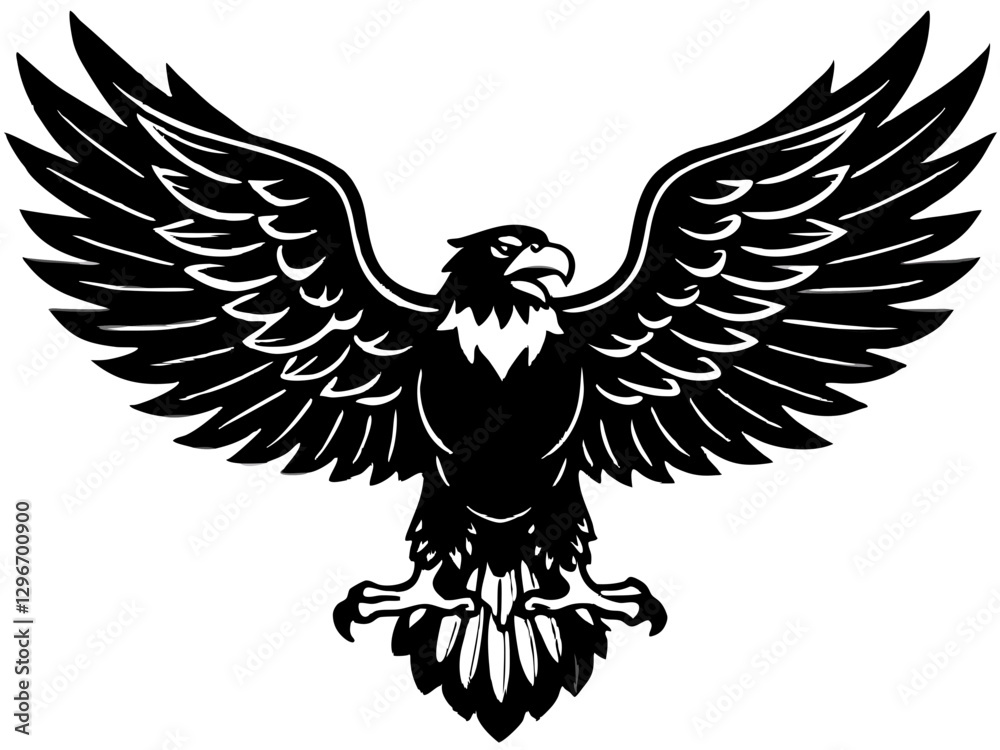 Fototapeta premium Black and White Heraldic Eagle Illustration – Stylized Spread Wings, Fierce Expression, Iconic Symbol