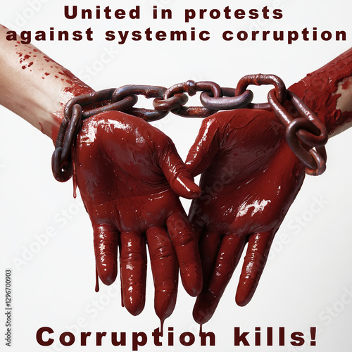 Two chained hands, which are covered in a red substance resembling blood, symbolizing systemic corruption's impact. 