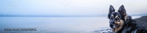 Intimate Close-Up of a Dog at the Water's Edge with a Serene Seascape