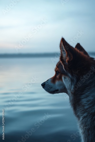 Intimate Close-Up of a Dog at the Water's Edge with a Serene Seascape