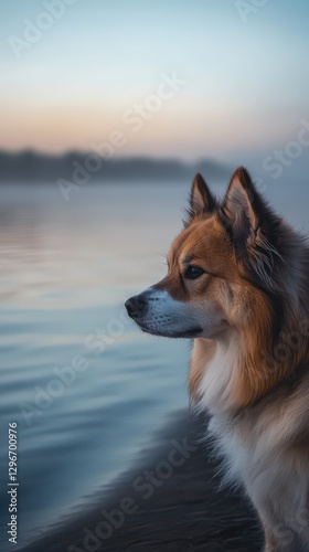 Intimate Close-Up of a Dog at the Water's Edge with a Serene Seascape