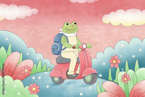 Obraz na płótnie Frosch fröhlich mit Rucksack fährt Roller in Blumenlandschaft, Happy frog with backpack riding scooter in floral landscape w salonie