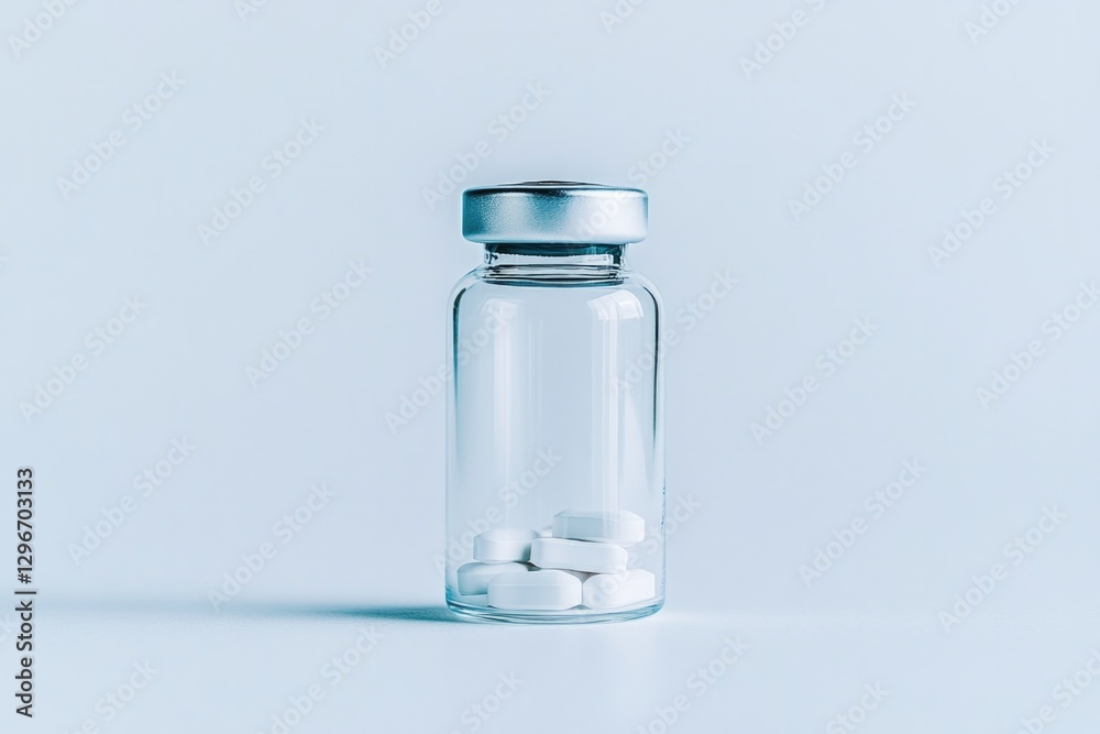 Clear glass vial with shiny lid, containing white pills against Clear glass vial with shiny lid, containing white pills against