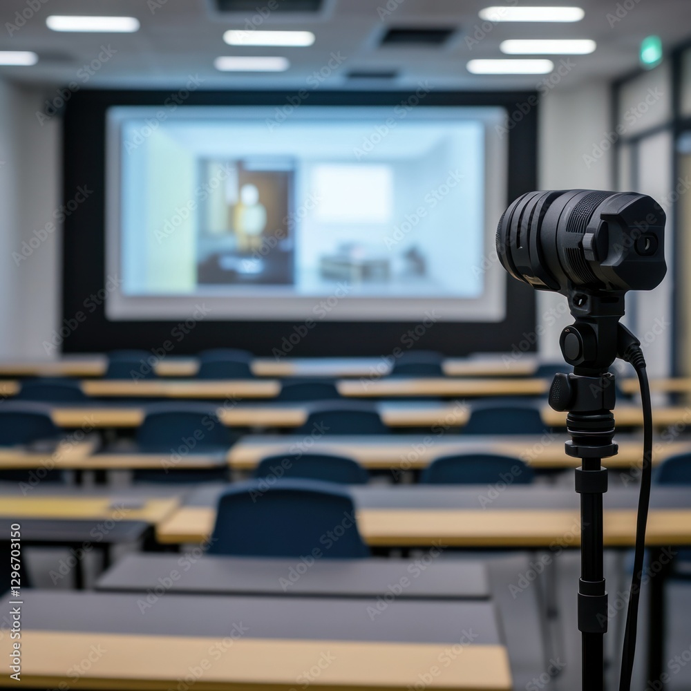 A classroom setting with a projector screen displaying a live podcast. --v 6.1 Job ID: 166229f8-2edf-434b-ac54-3e423d1ab7e1 A classroom setting with a projector screen displaying a live podcast. --v 6.1 Job ID: 166229f8-2edf-434b-ac54-3e423d1ab7e1