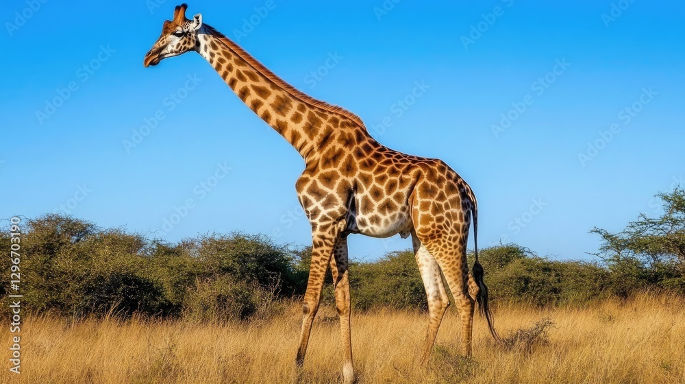 Obraz premium Majestic giraffe standing tall in golden grasslands with a clear blue sky backdrop