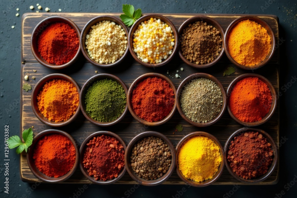 Aromatic Indian spices and ingredients arranged in a colorful pattern on a wooden board or dark background, paneer, dal Aromatic Indian spices and ingredients arranged in a colorful pattern on a wooden board or dark background, paneer, dal