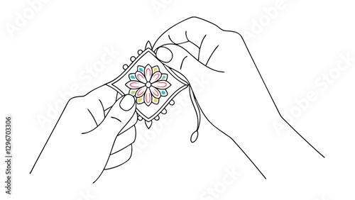 Line drawing shows hands carefully pulling embroidery needle through a small square of fabric featuring a floral design. The process of stitching is highlighted.