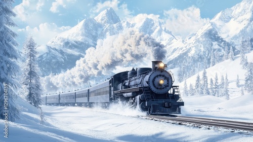 Vintage steam locomotive traveling through a snowy mountain landscape under a bright blue sky with fluffy clouds and pine trees in winter