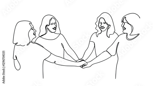 Four Women United in a Circle, OneLine Art, Friendship, Support, Unity, Teamwork, Sisterhood, Empowe