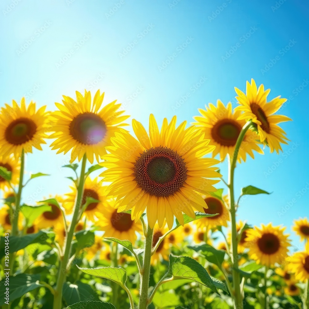 Obraz premium A field of yellow sunflowers in full bloom against a bright blue sky with warm sunlight, sun, light