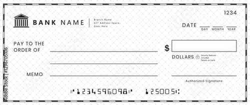 Bank check, vector blank money cheque, checkbook template with guilloche pattern and fields. Currency payment coupon, money check background
