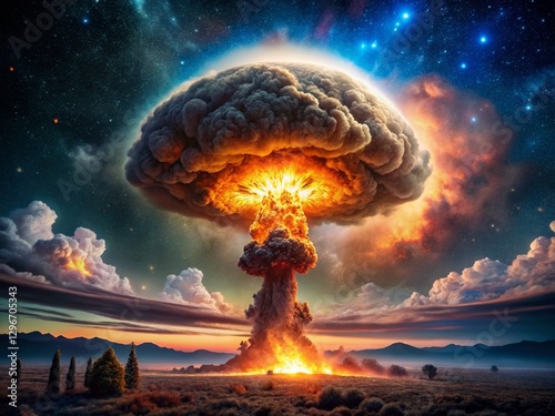 Nighttime Nuclear Missile Explosion - Fiery Mushroom Cloud Rising Over Dark Landscape photo