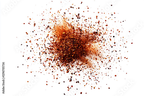 Fototapeta Naklejka Na Ścianę i Meble -  A top-down view of an explosion effect made from small particles, featuring spiced pepper and paprika on a white background