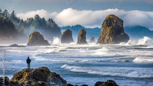 Male fishing at scenic rock formations on rugged oregon coastline under cloudy sky.