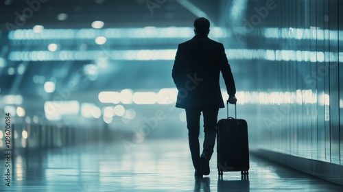 Silhouette of a Business Traveler Walking with Luggage in Airport