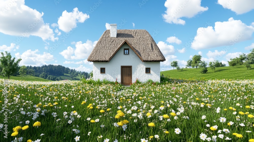 Obraz premium White Thatched Roof Cottage in a Sunny Flower Field