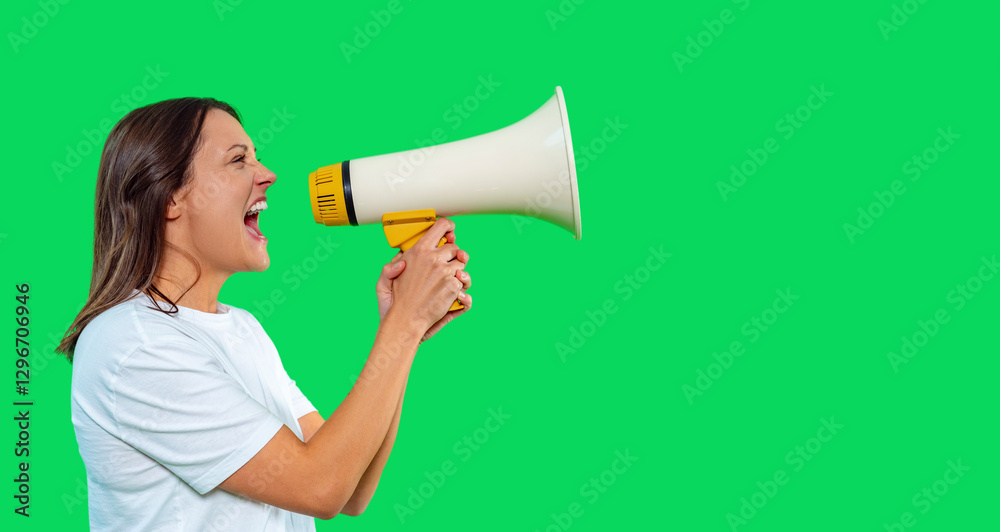 Woman passionately delivering message using megaphone in front of bright green background during a campaign or rally Woman passionately delivering message using megaphone in front of bright green background during a campaign or rally