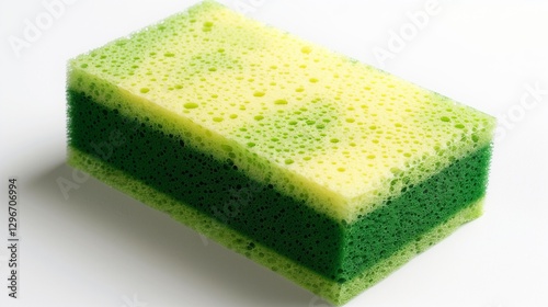 A green dishwashing sponge with an abrasive scrubber side, isolated on a clean white background. The high-definition shot captures the porous texture and contrasting materials.