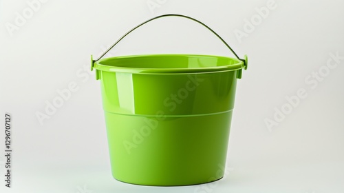 A green plastic bucket with a metal handle, displayed against a white background. The high-resolution image highlights the smooth surface and sturdy construction.