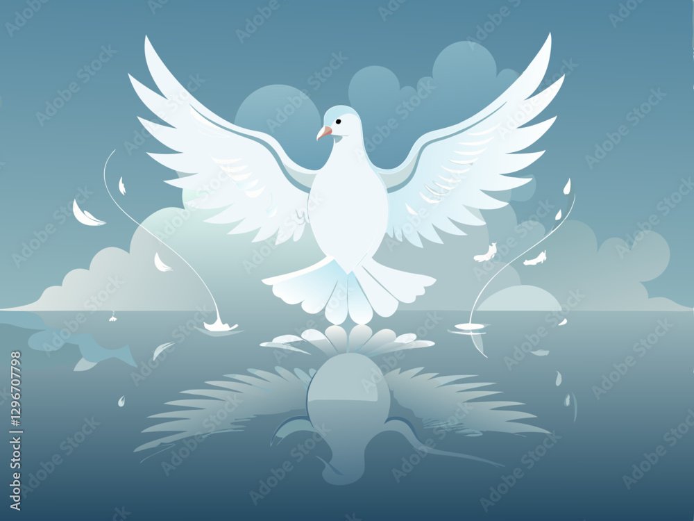 Obraz premium White Dove in Flight – Peaceful Sky with Reflective Water and Ethereal Light in Minimalist Vector Art Style