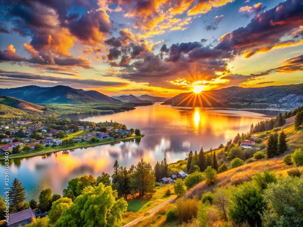 Obraz premium Okanagan Sunrise: Panoramic Kalamalka Lake & Vernon Cityscape