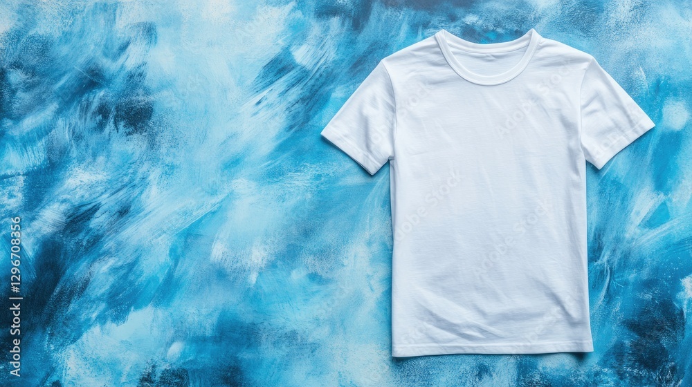 Plain white t-shirt on a textured light blue background with elegant lighting Plain white t-shirt on a textured light blue background with elegant lighting