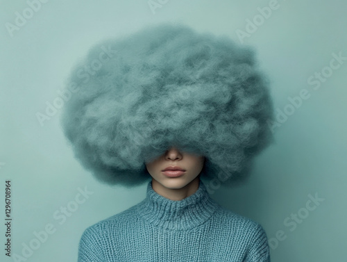 Dreamlike representation of identity with a woman’s head obscured by voluminous hair. photo