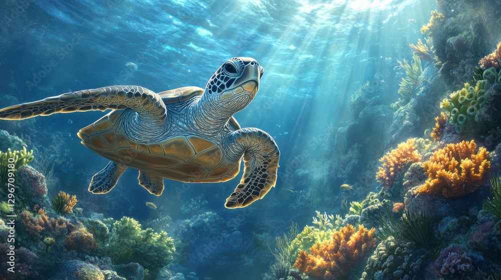 Fototapeta premium Sea Turtle Gliding Through Vibrant Coral Reef