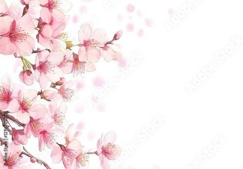Beautiful Cherry Blossom Branch with Soft Pink Petals on White Background