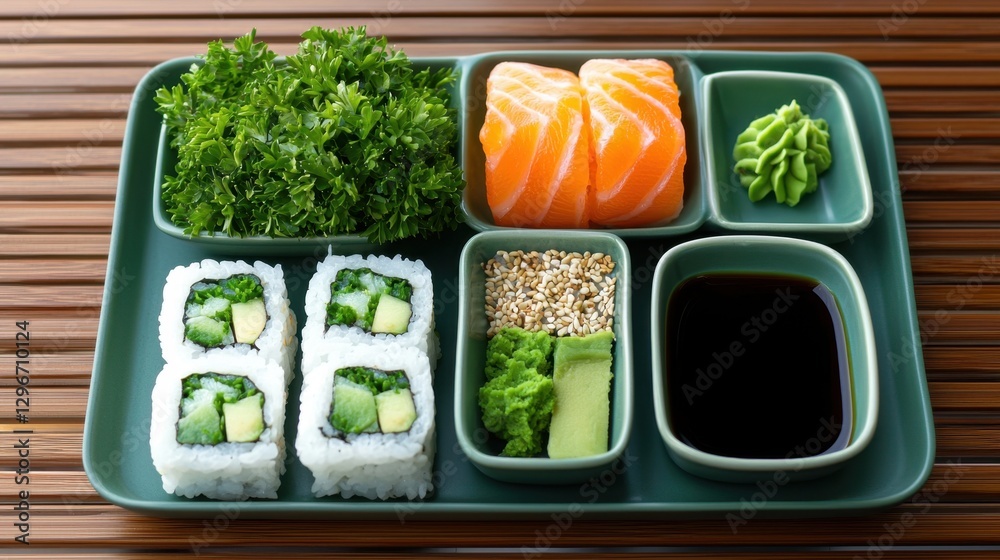 Fresh and Delicious Sushi Platter with Salmon, Wasabi, Seaweed, and Soy Sauce Perfect for Japanese Cuisine Lovers and Food Aficionados Fresh and Delicious Sushi Platter with Salmon, Wasabi, Seaweed, and Soy Sauce Perfect for Japanese Cuisine Lovers and Food Aficionados