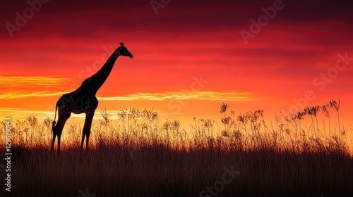 Silhouette of a giraffe against a stunning sunset over the African grasslands