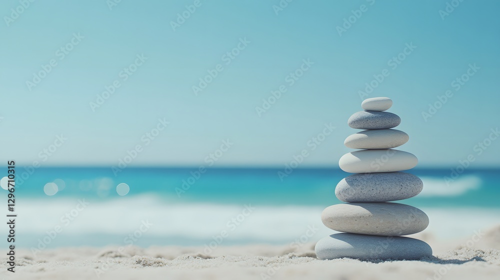 Fototapeta premium A balanced stack of stones sits on the sandy beach