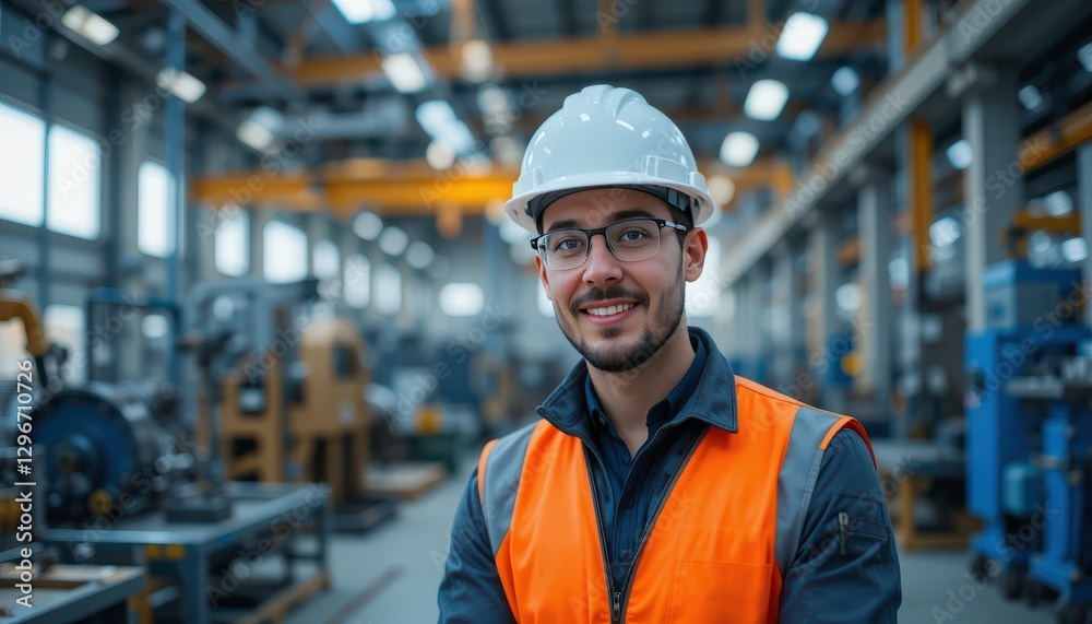 portrait of a smiling male engineer in a factory setting, wearing a hard hat and safety vest. perfect for industry, manufacturing, and technology concepts. portrait of a smiling male engineer in a factory setting, wearing a hard hat and safety vest. perfect for industry, manufacturing, and technology concepts.