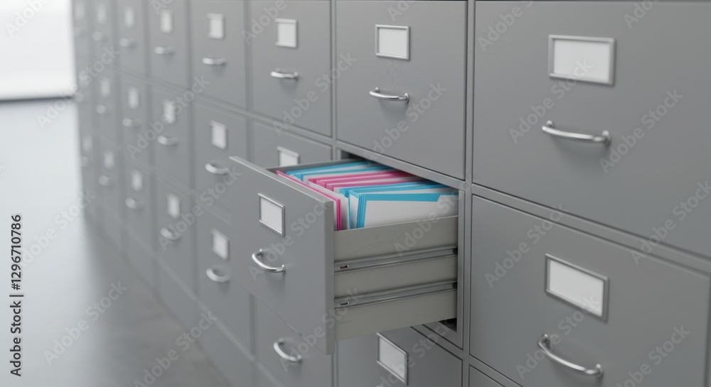 Filing Cabinet Rows with One Open Drawer Showing Colorful Files | Office Organization and Document Management for Business Efficiency and Data Storage Solutions Filing Cabinet Rows with One Open Drawer Showing Colorful Files | Office Organization and Document Management for Business Efficiency and Data Storage Solutions